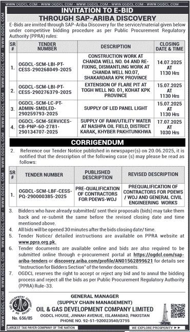 Oil & Gas Development Company Limited Islamabad Tender Notice